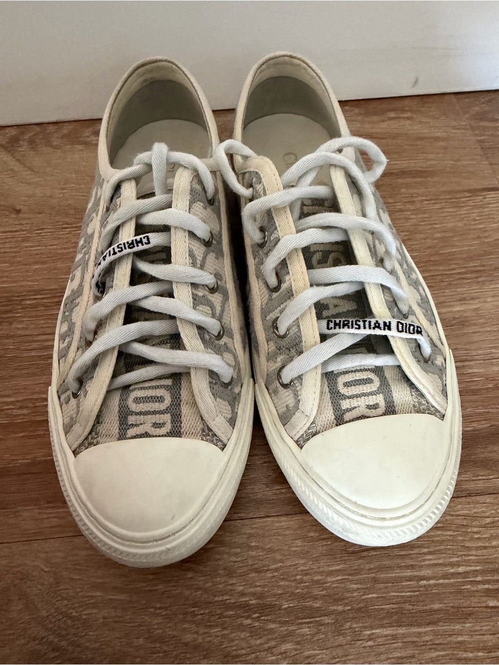 Dior Beige and White Canvas Logo Low-Top Sneakers